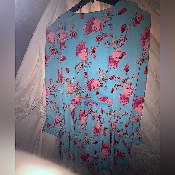 Fashion to Figure Pink Asymmetrical Wrap Dress with Bishop Sleeves garden girl - Picture 8 of 8